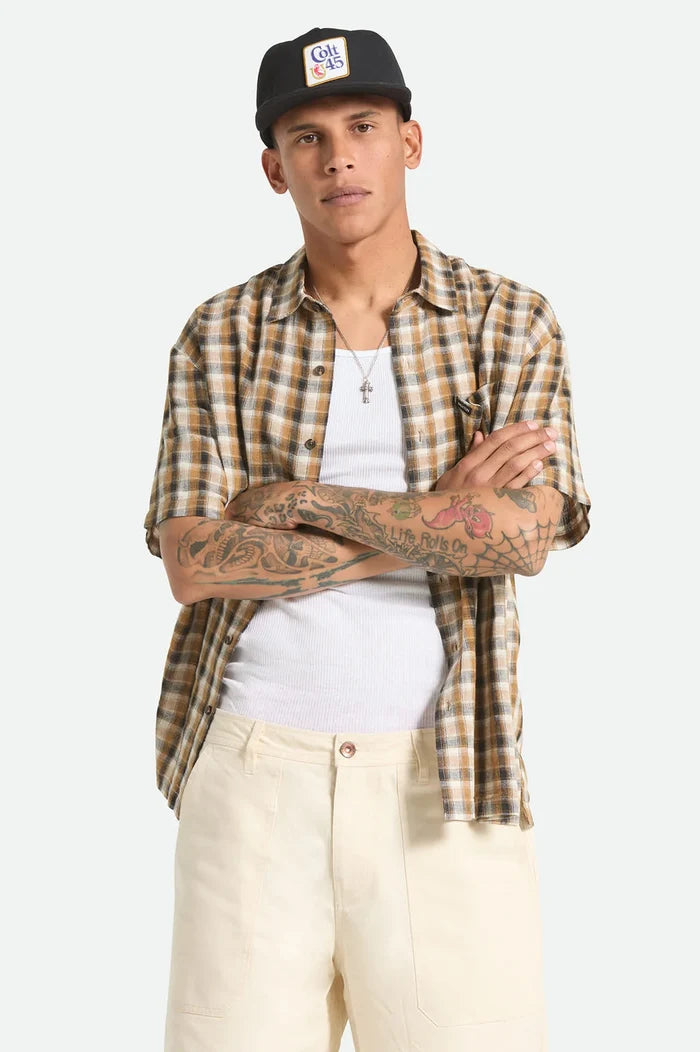Brixton Cru Linen Blend Plaid Black/Tobacco Plaid S/s Woven Shirt