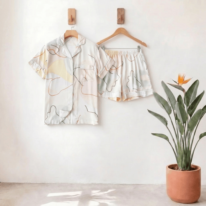 Ownkoti Abstract Print Sateen Short Sleeve Loungewear Set - White Smoke - XXL - image 0