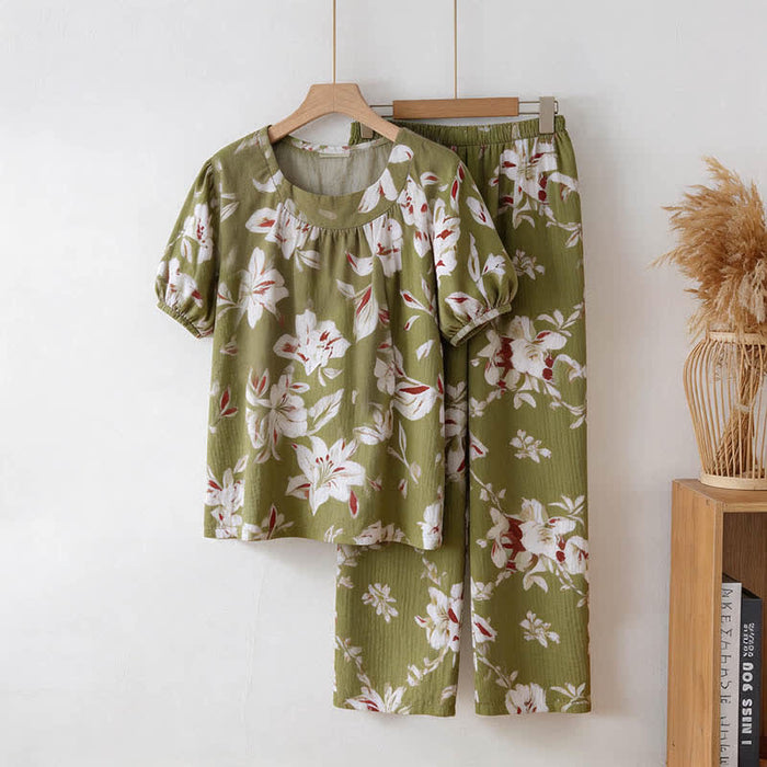 Ownkoti Olive Floral Cotton Loungewear Set - Olive Green - 3XL - image 0