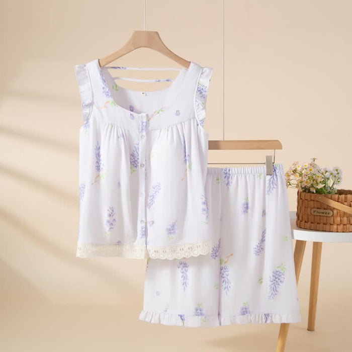 Ownkoti Purple Floral Cotton Ruffle Lace Pajama Set - Purple - XL - image 0