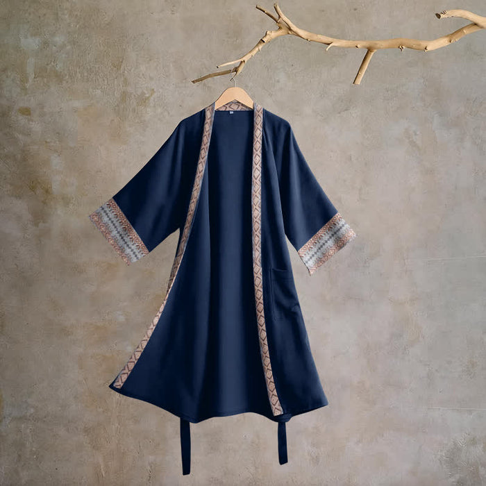Ownkoti Retro Geometric Border Cotton Lounge Robe - Blue - XL - image 0