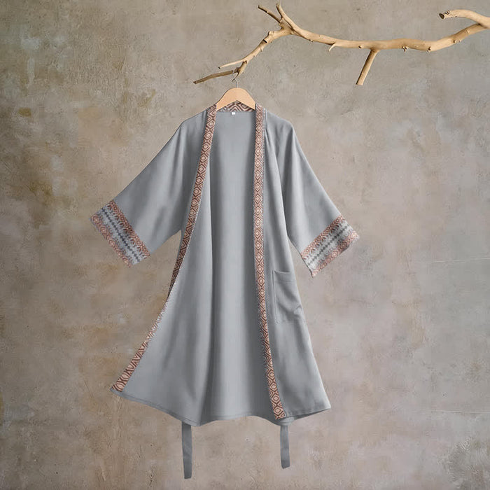 Ownkoti Retro Geometric Border Cotton Lounge Robe - Gray - XL - image 6