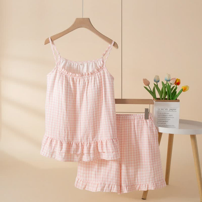 Ownkoti Soft Gingham Cotton Ruffle Loungewear Set - Pink - XL - image 0