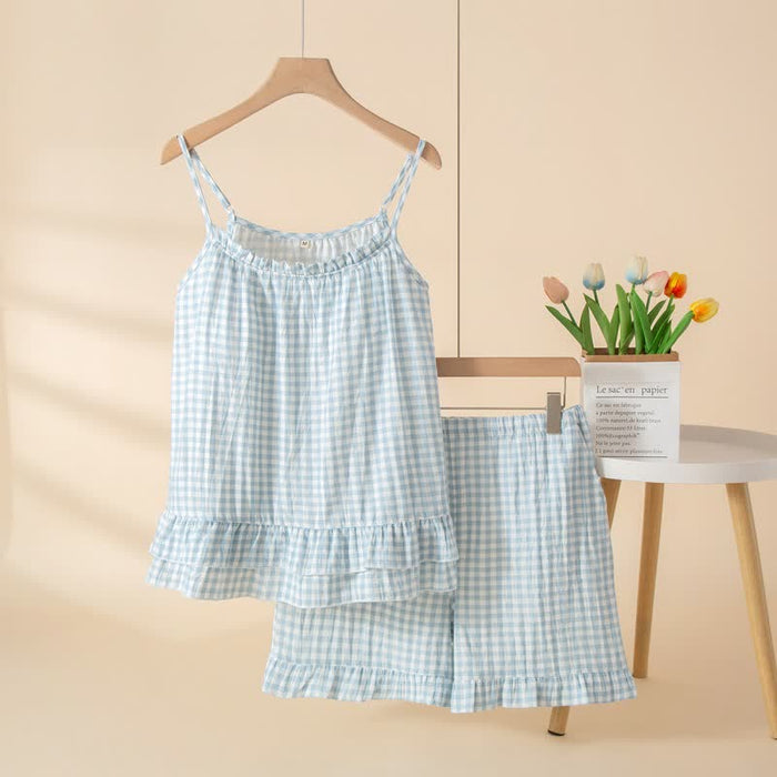 Ownkoti Soft Gingham Cotton Ruffle Loungewear Set - Blue - XL - image 6