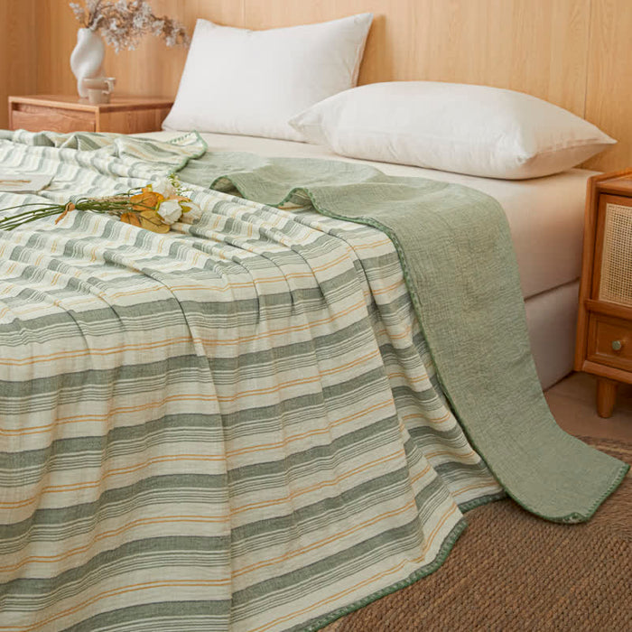 Ownkoti Soft Stripe Reversible Cotton Bedspread - Green-Yellow Stripe - 79" × 91" - image 5