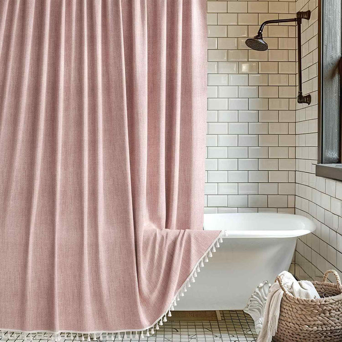 Ownkoti Solid Color Minimalist Tassel Shower Curtain - Pink - 72"W x 78"L - image 1